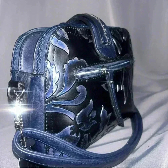 Madi Claire Abigale Tooled Leather Crossbody Handbag Black Ink Purple Embossed - Picture 4 of 7